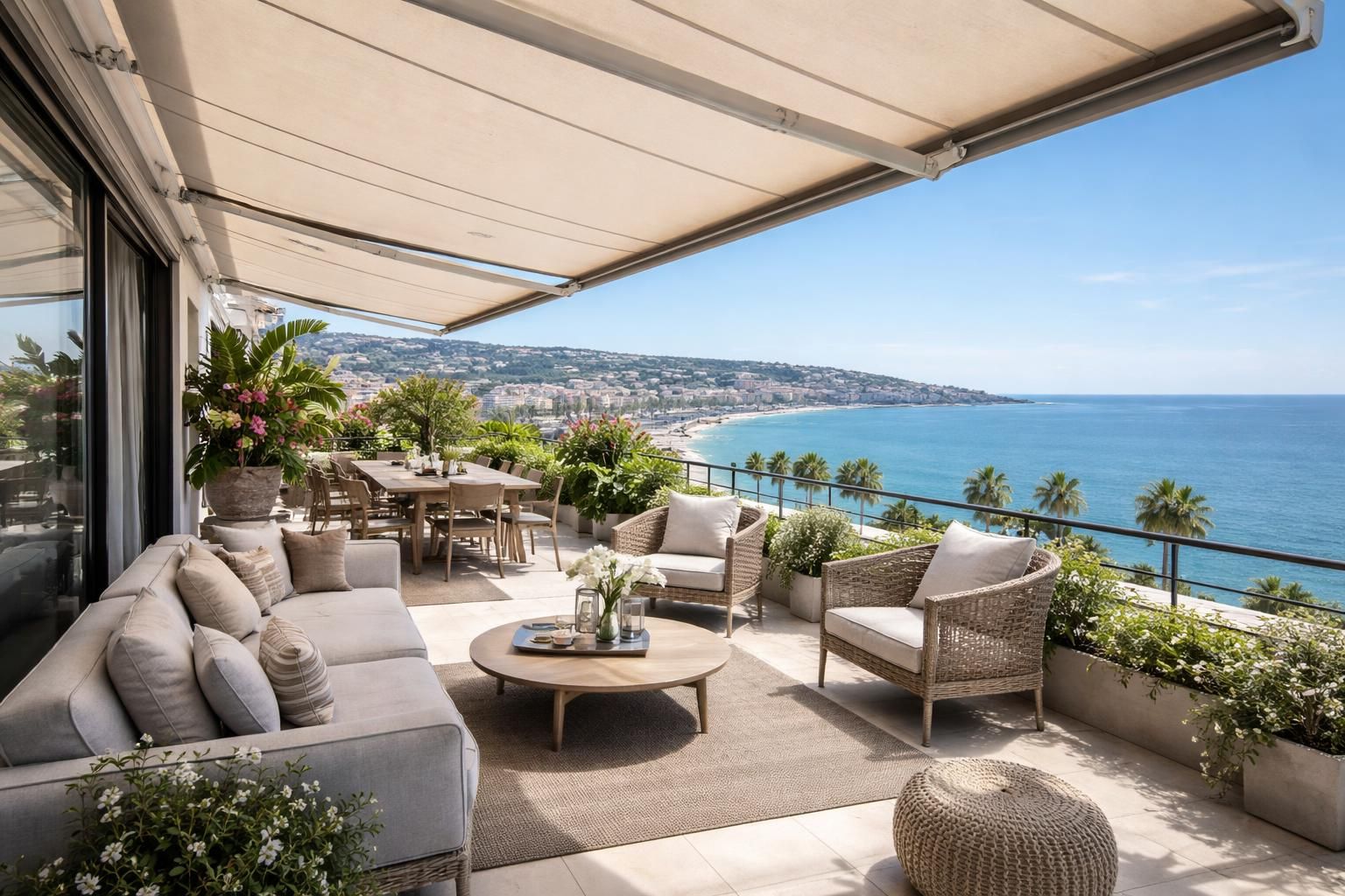 découvrez comment aménager un appartement niçois avec une terrasse offrant une vue imprenable sur la mer, équipé de stores bannes motorisés somfy et de mobilier outdoor résistant pour un confort optimal en extérieur.