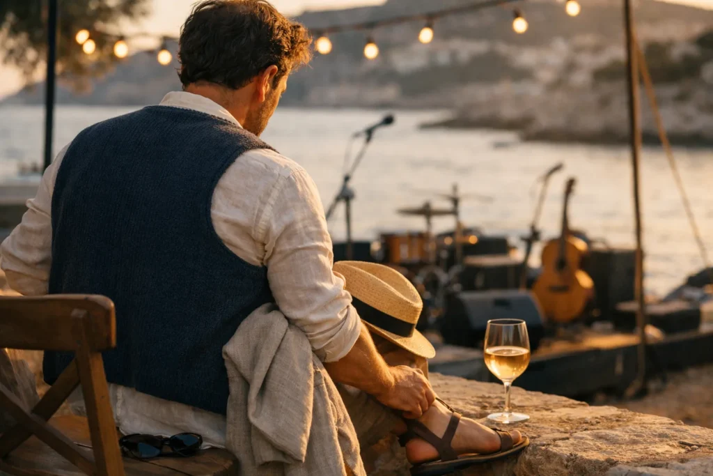 Tenue de concert d’été sur la Côte : lin, sandales et gilet pour minuit