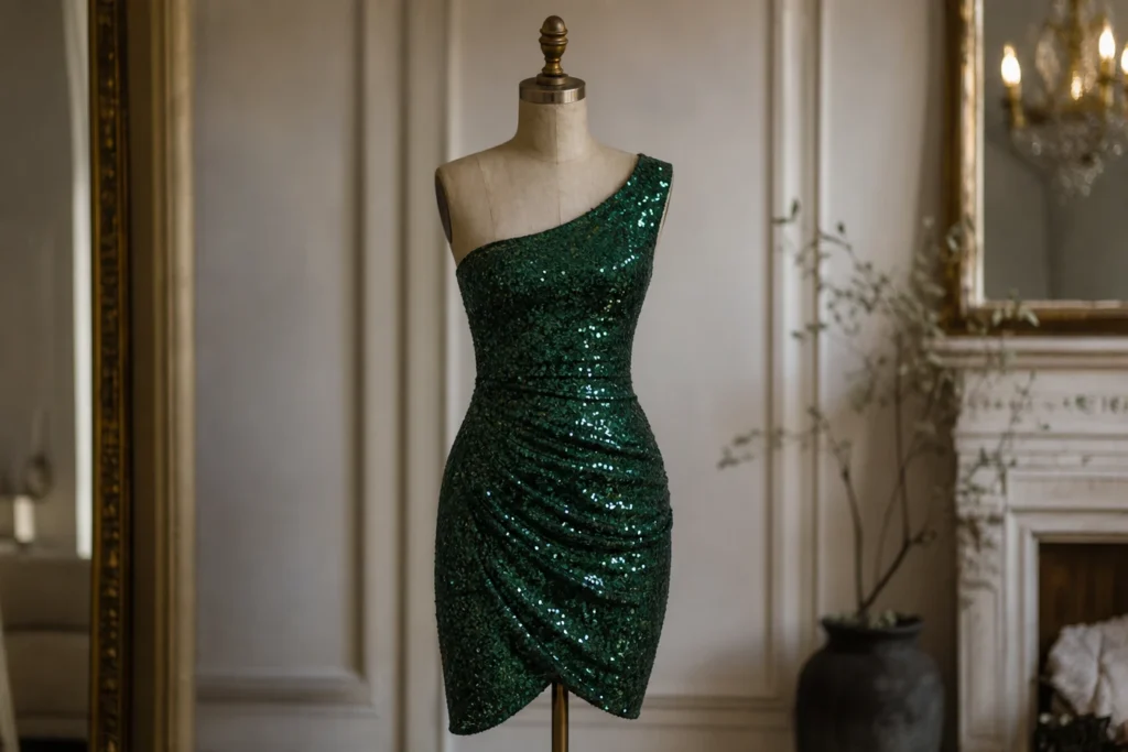 Robe cocktail vert émeraude à sequins : brillez avec élégance lors de chaque occasion
